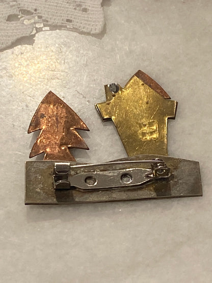 Handmade Mixed Metal House and Tree Brooch