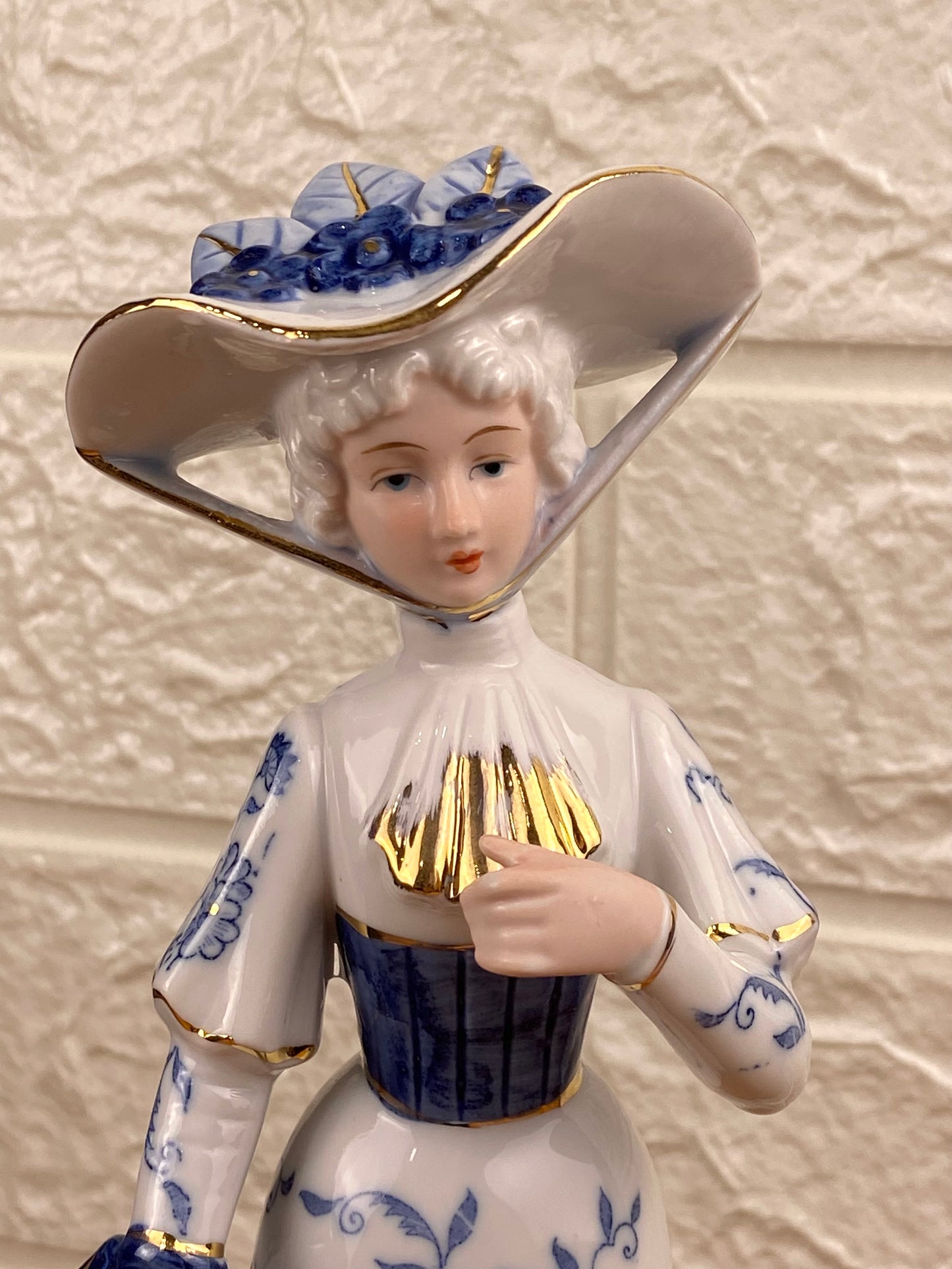 Blue and White Porcelain Figurine | Woman with Hat & Purse
