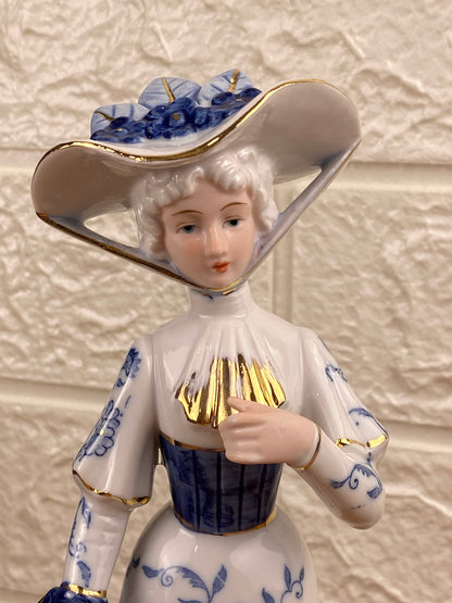 Blue and White Porcelain Figurine | Woman with Hat & Purse