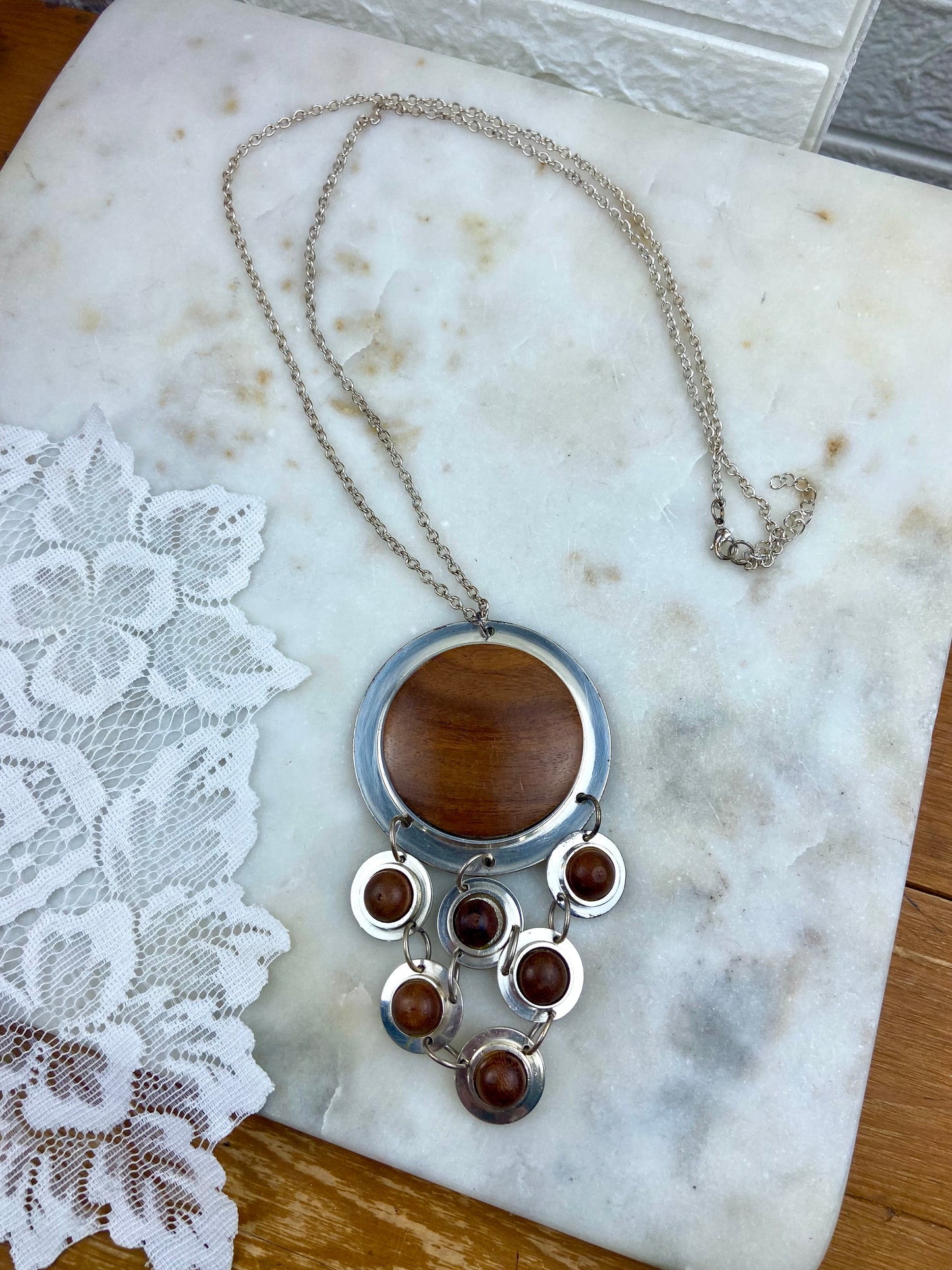 Scandinavian Style Mid Century Modernist Necklace | Metal & Wood