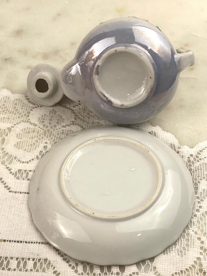 Hand Painted Porcelain Mini Teapot with Matching Plate | Textured Dragon with Irridescent Glaze