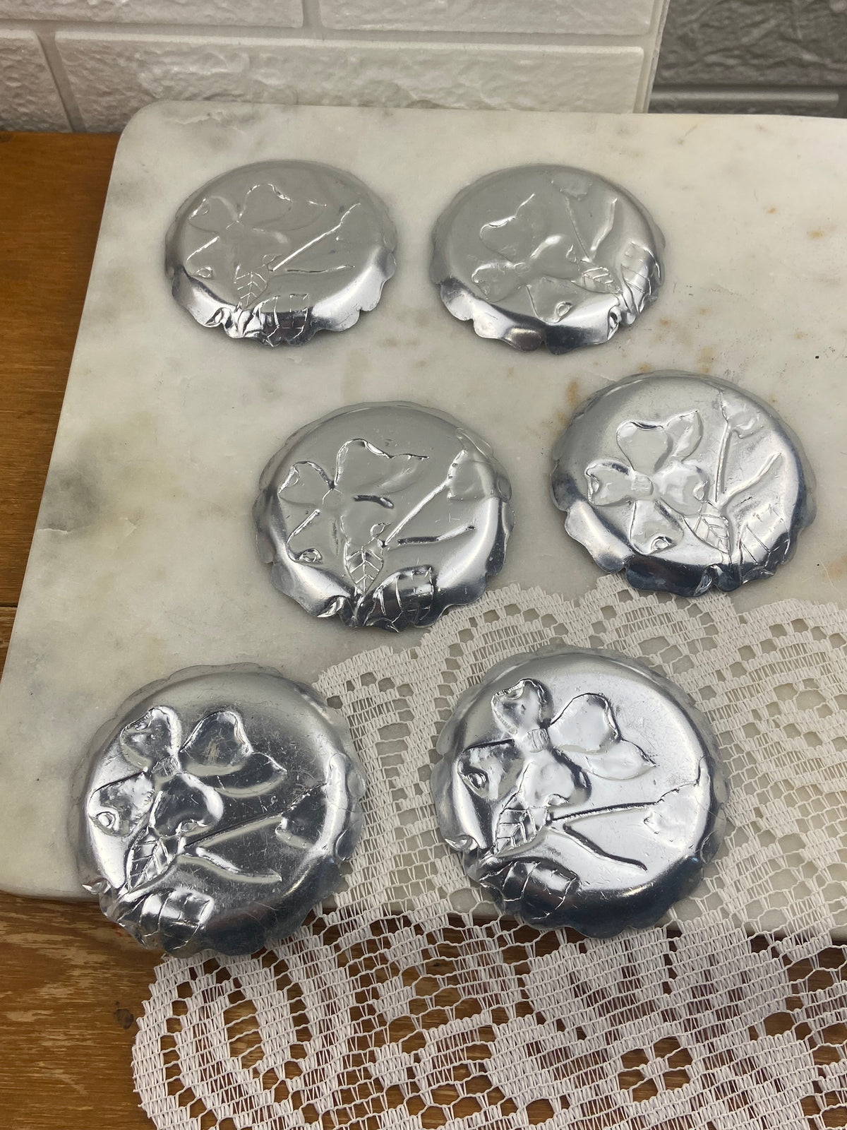 Set of 6 MCM Hammered Aluminium Coaster Set with Dogwood Floral Motif