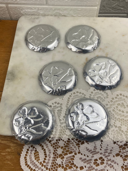 Set of 6 MCM Hammered Aluminium Coaster Set with Dogwood Floral Motif