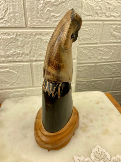 Hand-Carved Owl Sculpture from Water Buffalo Horn | Wooden Base