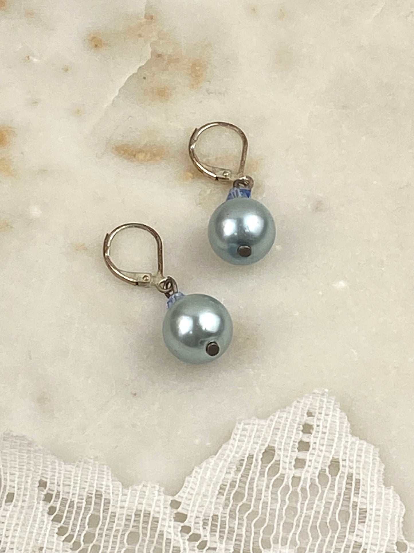Silvery-Blue Faux Pearl Dangle Earrings [Lever Back]