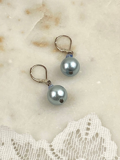 Silvery-Blue Faux Pearl Dangle Earrings [Lever Back]