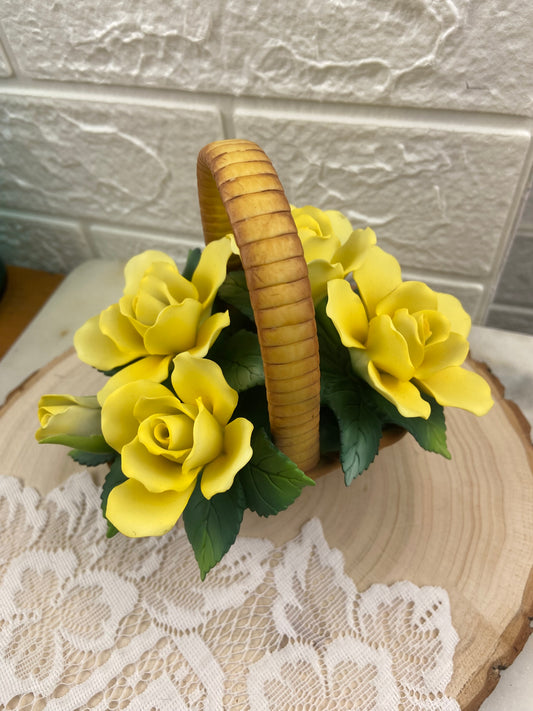 Hand Painted Bisque Porcelain Basket of Yellow Roses and Rosebuds