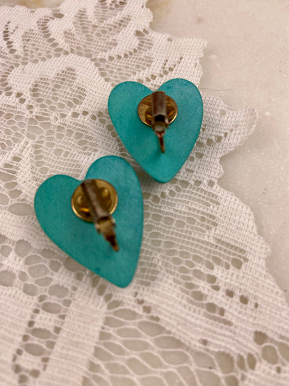 Turquoise Painted Wooden Heart-Shaped Earrings [Clip-Ons]