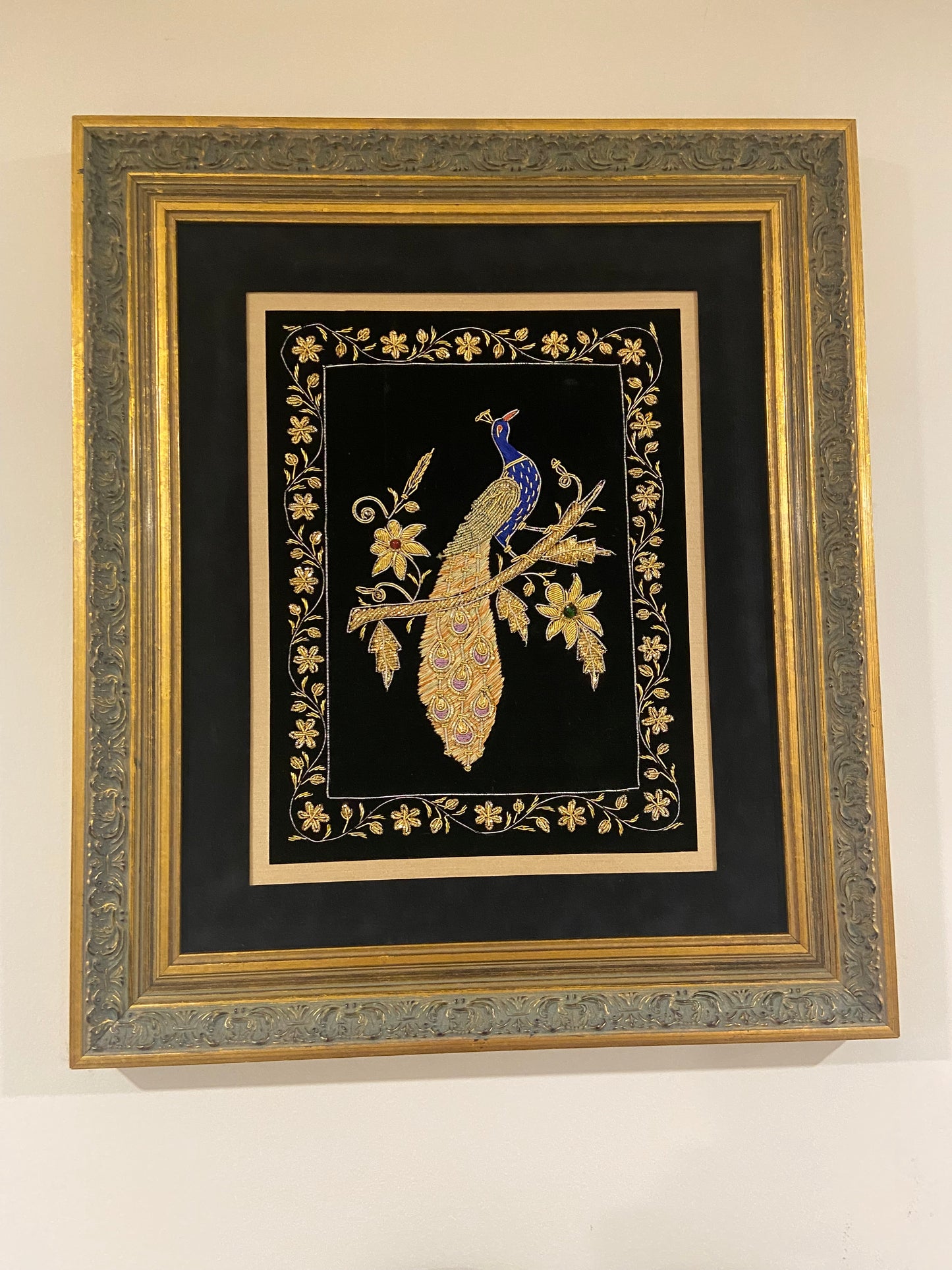 Beaded Lyre Bird Embroidery on Black Velvet; Framed