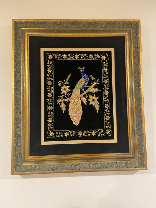 Beaded Lyre Bird Embroidery on Black Velvet; Framed