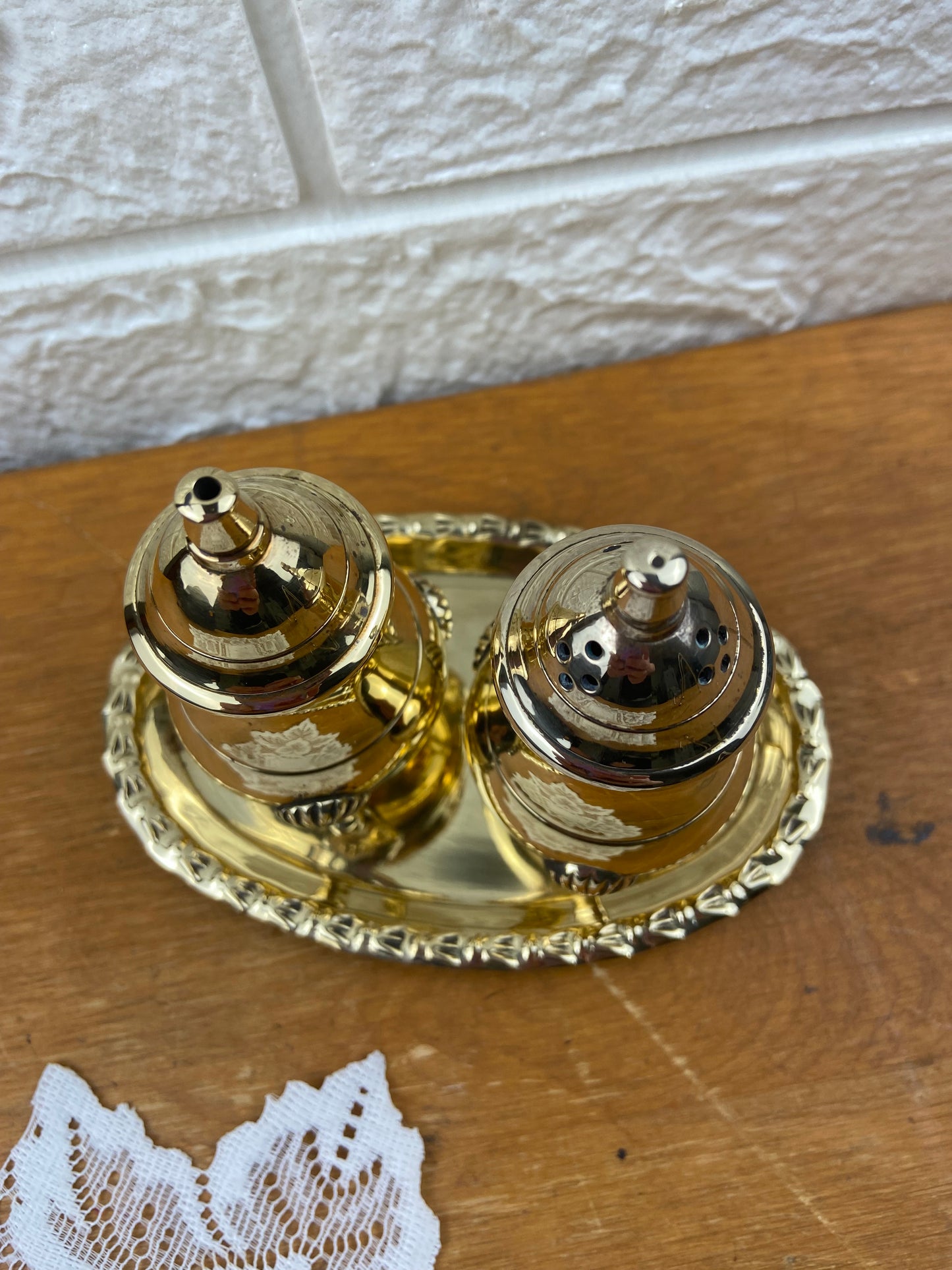 Polished Brass Salt & Pepper Shakers with Oval Tray