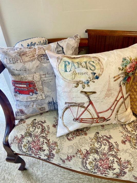 Whimsical Travel-Themed Cushion Cover with 18” x 18” Cushion