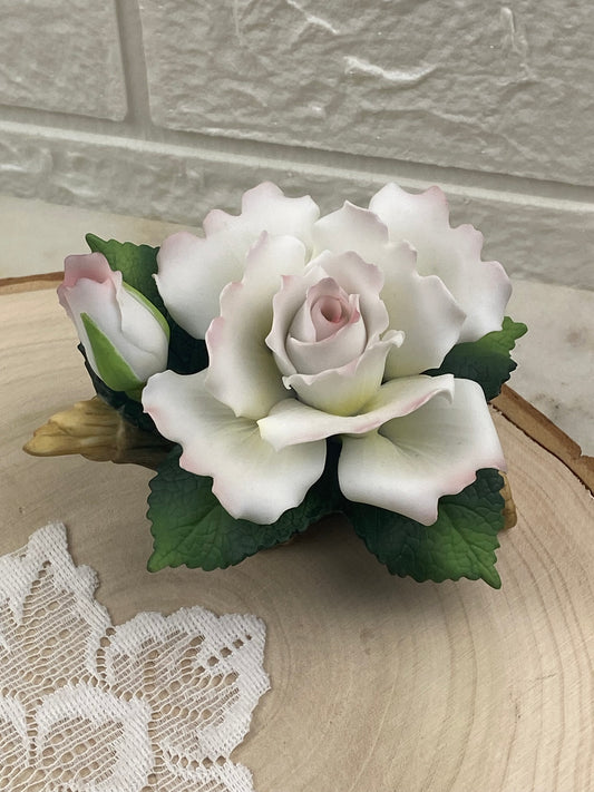 White Bisque Porcelain Rose with Rosebud on Small Branch | Andrea by Sadak