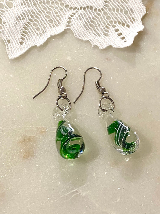Lamp Turned Green Glass Earrings (Spiral)