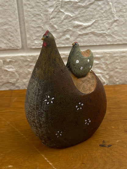 Pair of Hand Painted Folk Art Ceramic Rooster and Hen with Chick Figurines | Textured Pattern
