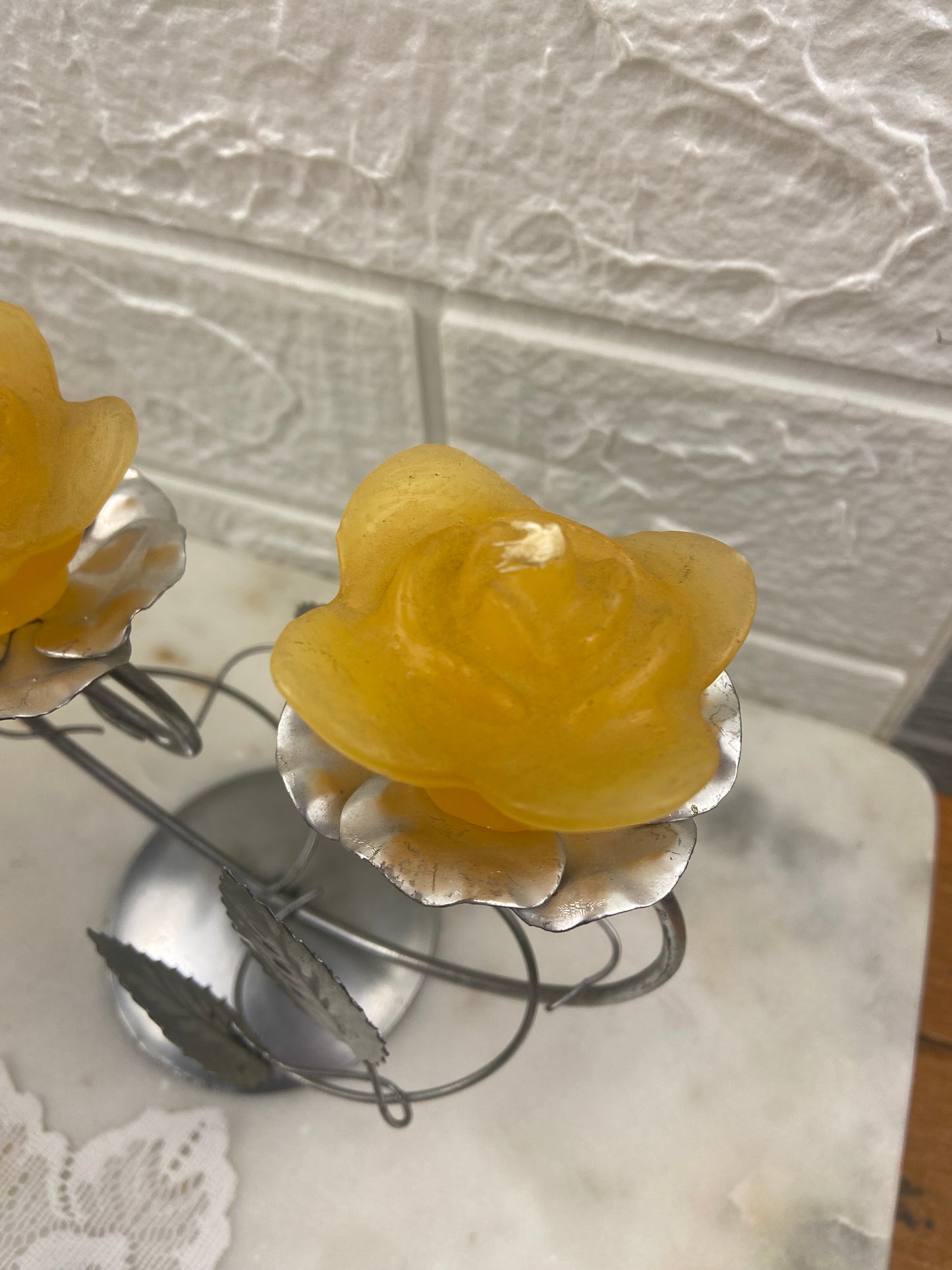 Metal Art Deco Style Twin Candle Holder with Pair of Rose-Shaped Candles