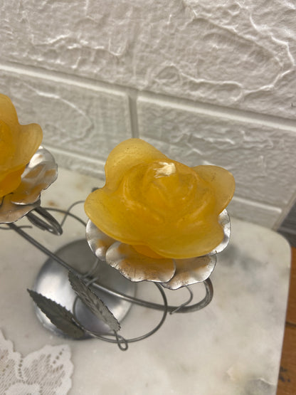 Metal Art Deco Style Twin Candle Holder with Pair of Rose-Shaped Candles