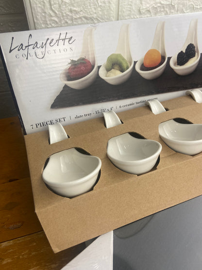 7 Piece Serving Set with 6 x Ceramic Tasting Spoons and Slate Tray