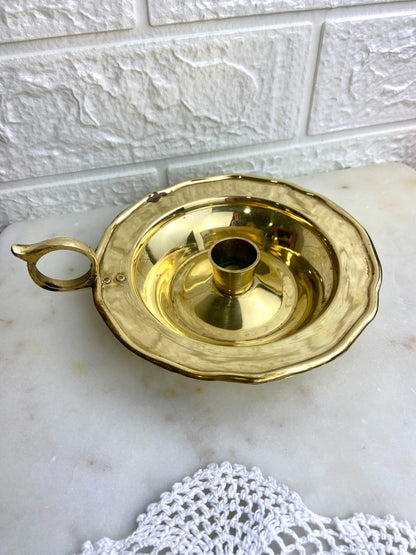 Small Polished Brass Candlestick Holder with Ring Handle