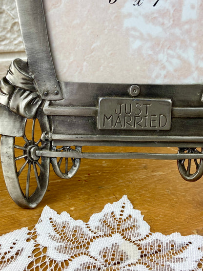Pewter ‘Just Married’ Wagon Picture Frame [5” x 7”] by Elby Gifts