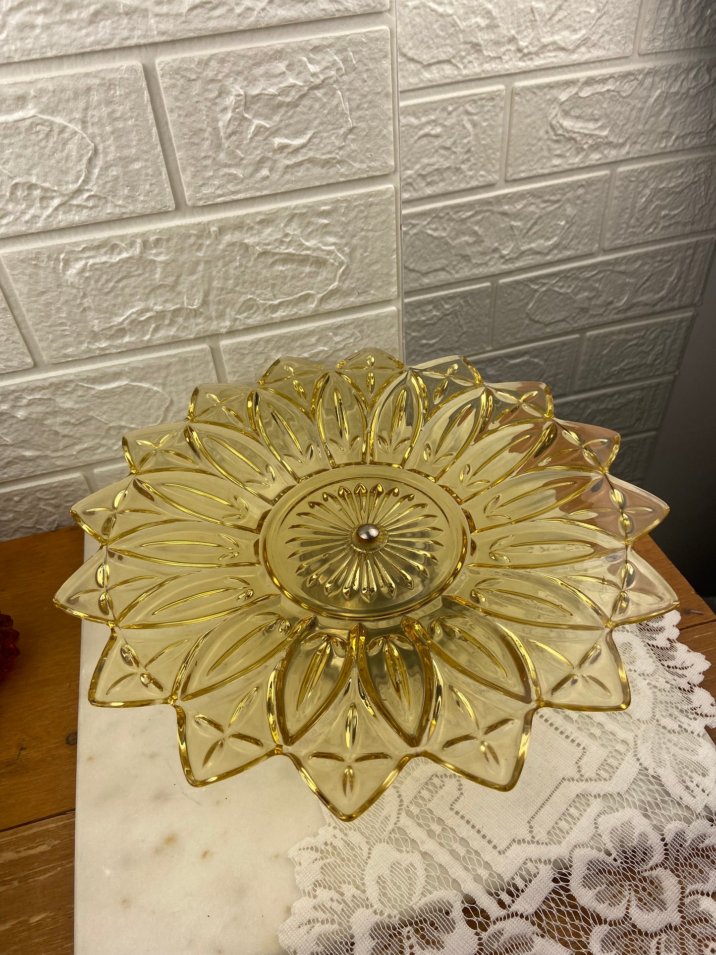Vintage Federal Glass Pedestal Platter | Amber Sunflower Pattern