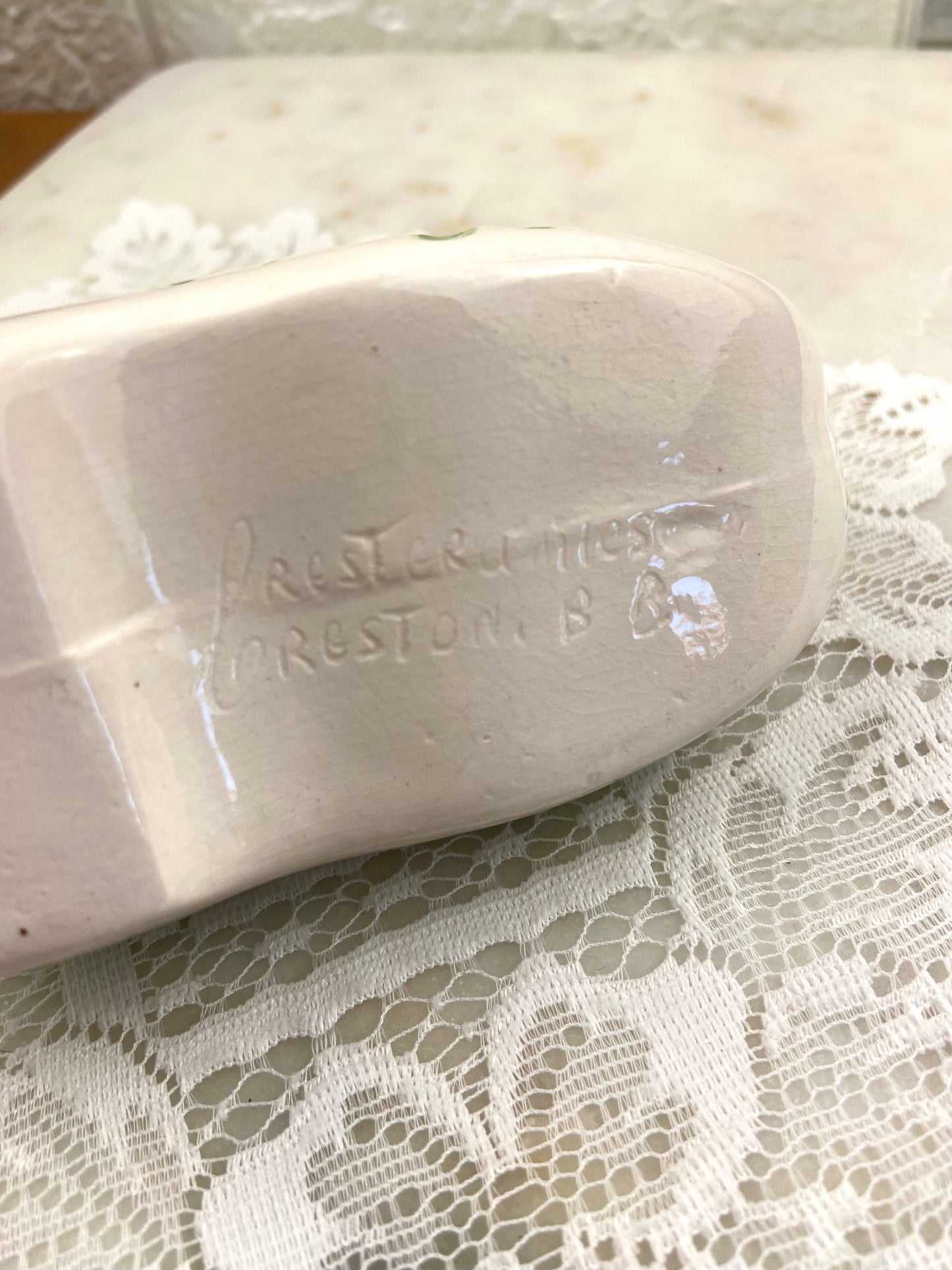 Hand Painted Green and Cream Ceramic Clog by Cresteramics, BC