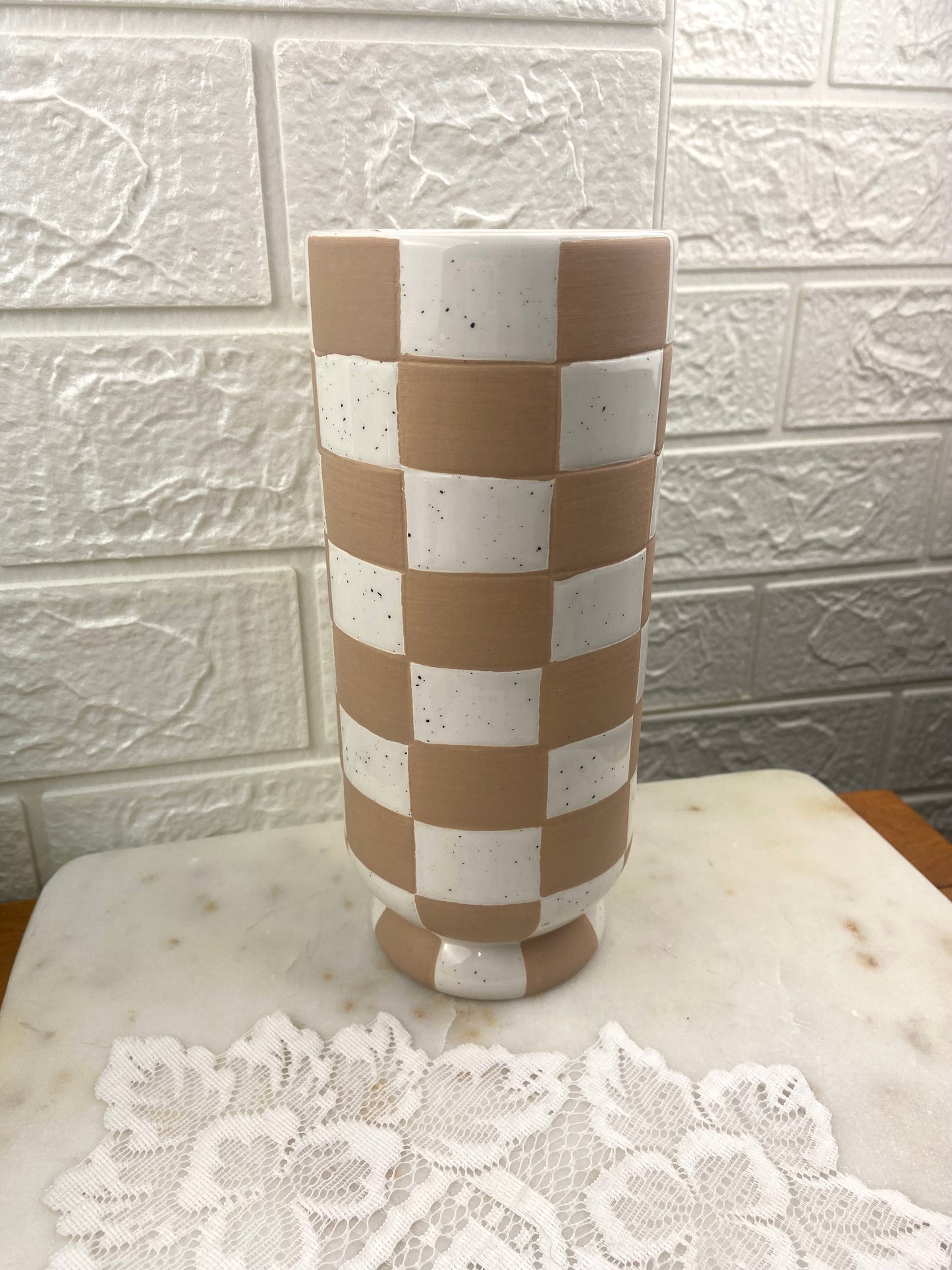 Beige and White Checkered Footed Ceramic Vase by Sunday Morning
