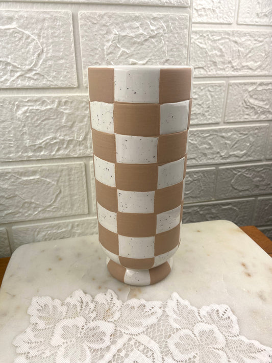 Beige and White Checkered Footed Ceramic Vase by Sunday Morning