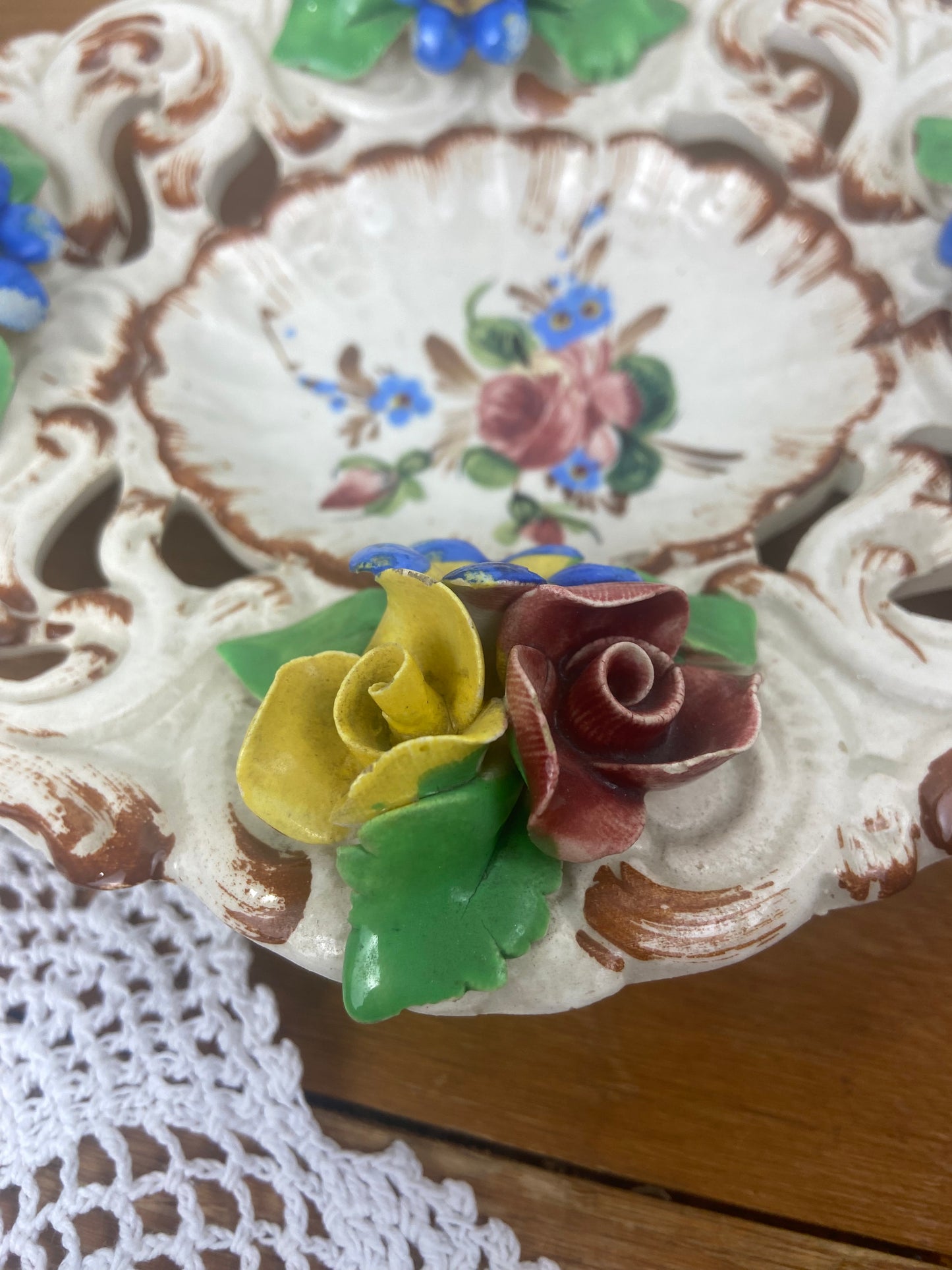 Hand Painted Ceramic Trinket Bowl with 3D Flowers and Cutouts