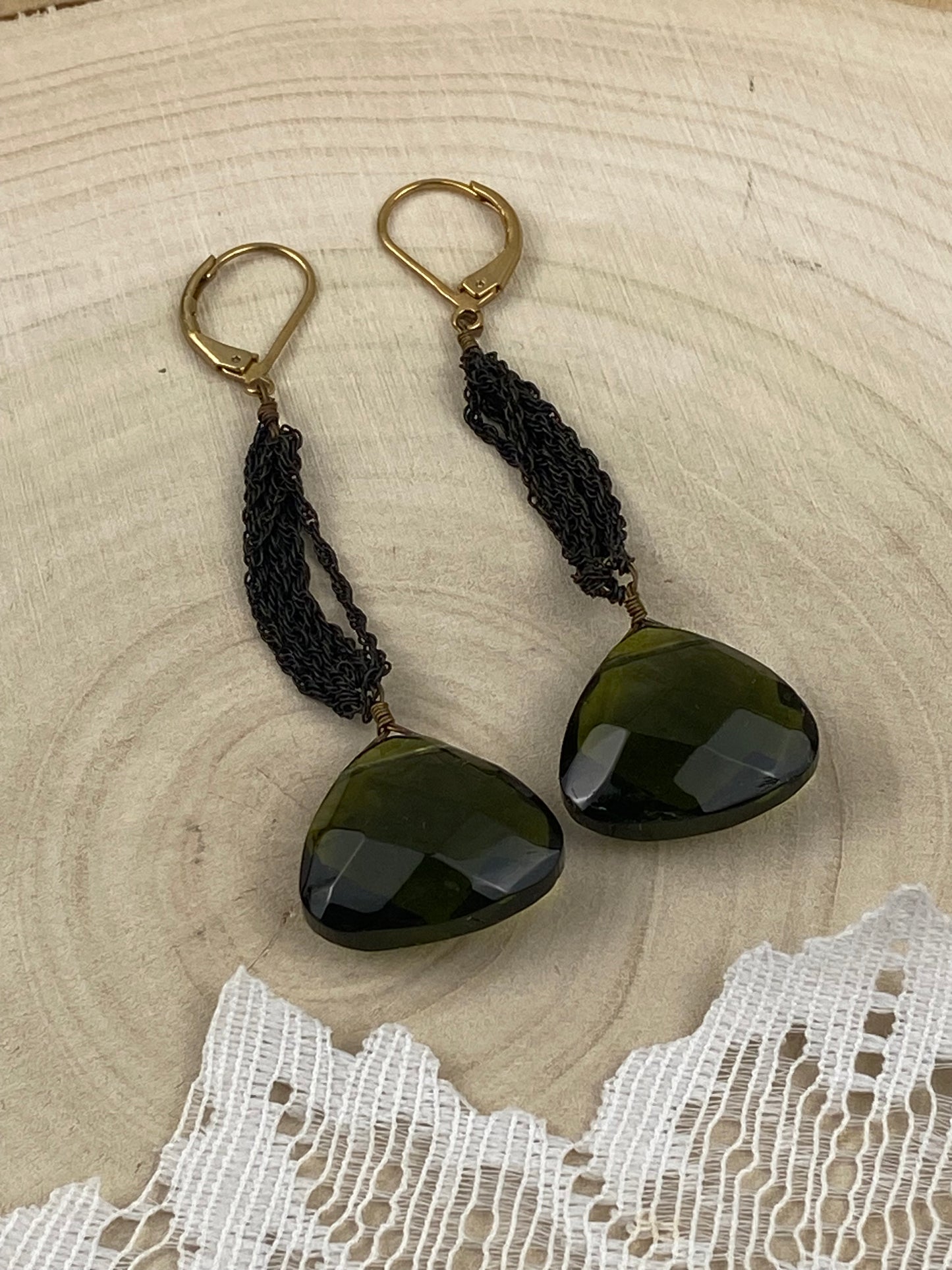 Long Dangle Earrings with Faceted Green Glass & Micro Chains [Lever]