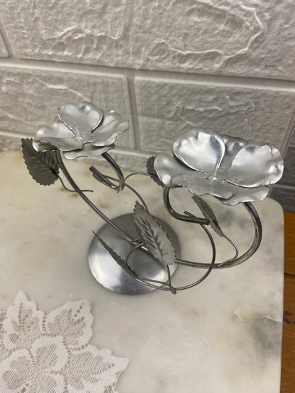 Metal Art Deco Style Twin Candle Holder with Pair of Rose-Shaped Candles