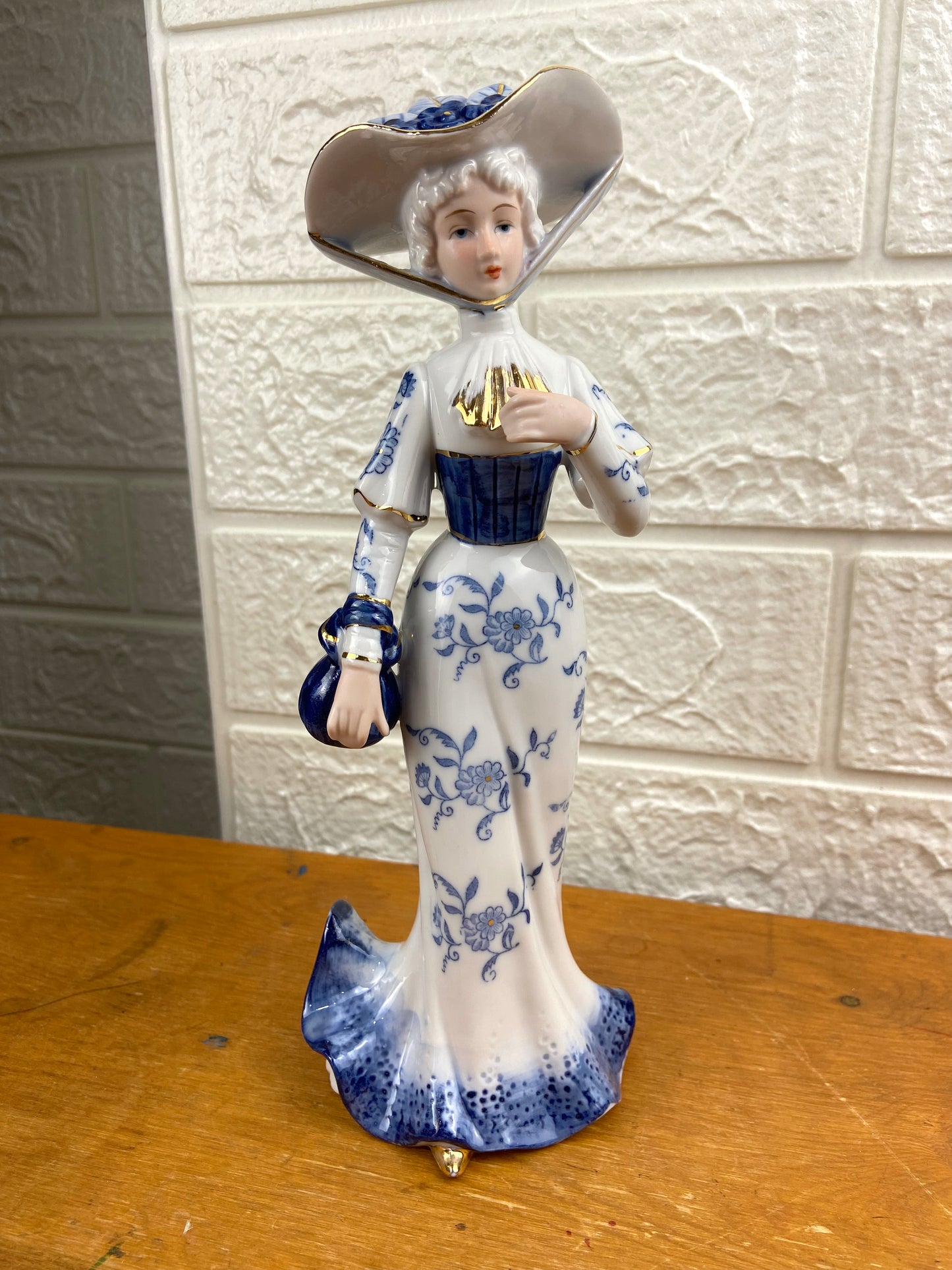 Blue and White Porcelain Figurine | Woman with Hat & Purse