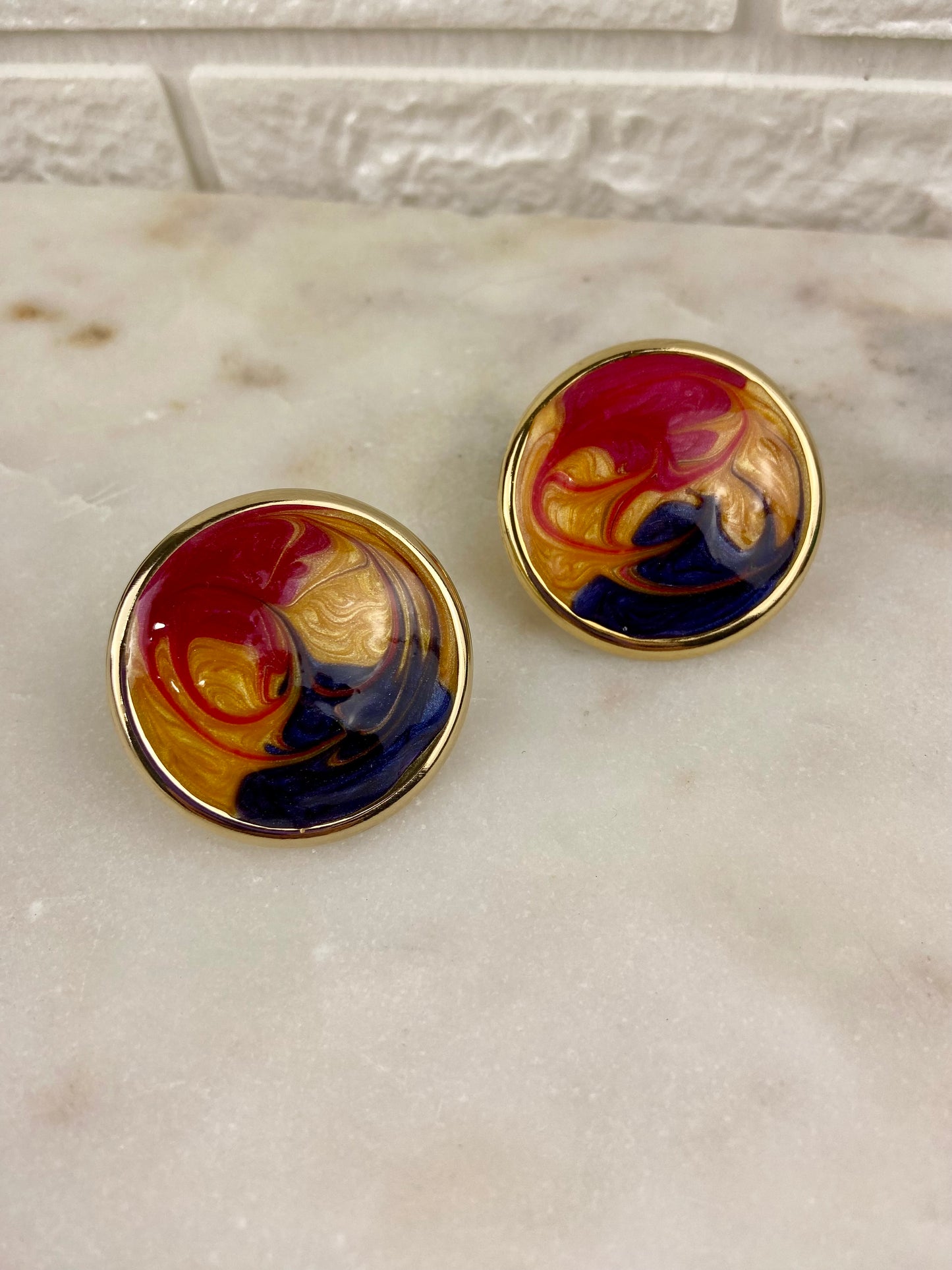 Red, Gold and Navy Swirl Earrings [Clip On]