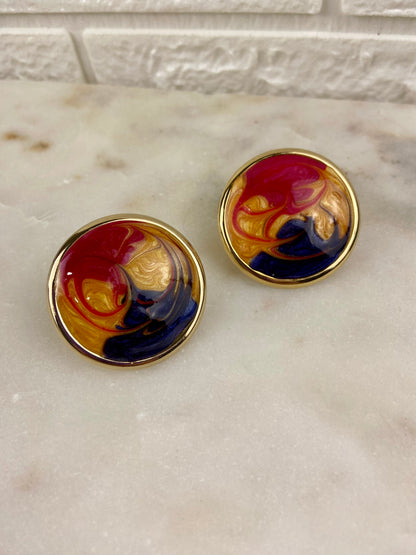 Red, Gold and Navy Swirl Earrings [Clip On]