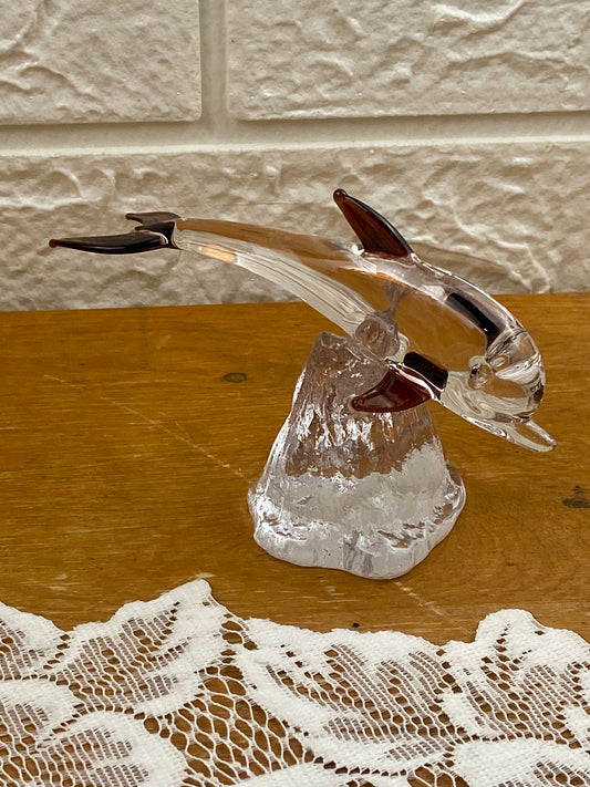 Art Glass | Clear & Burgundy Dolphin Figurine or Paper Weight