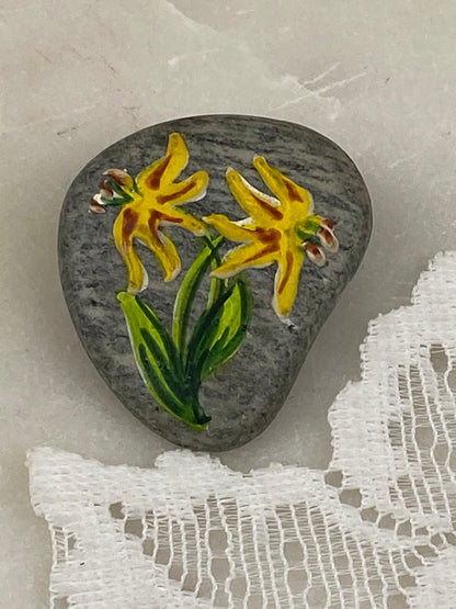 Hand Painted Artisan Brooch with Trout/Glacier Lillies by Derevy Studio