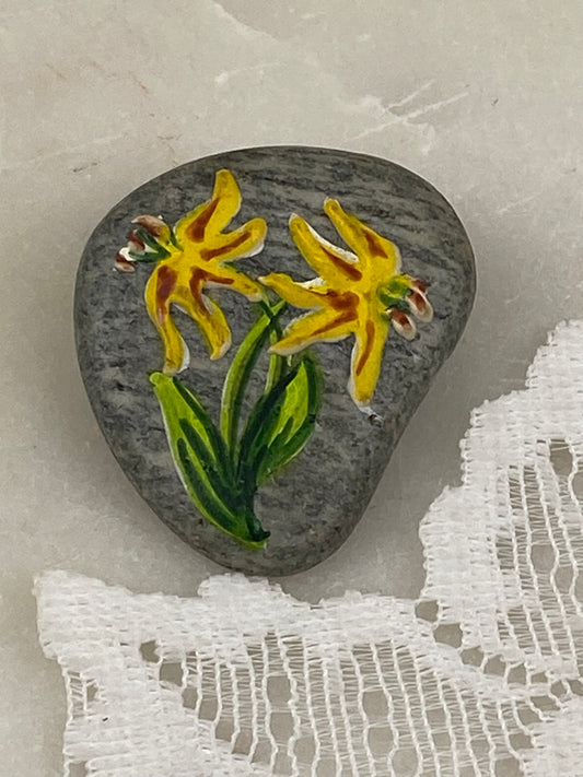 Hand Painted Artisan Brooch with Trout/Glacier Lillies by Derevy Studio