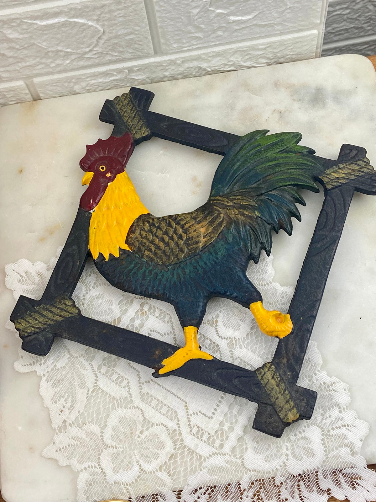Hand Painted Cast Iron Rooster Trivet