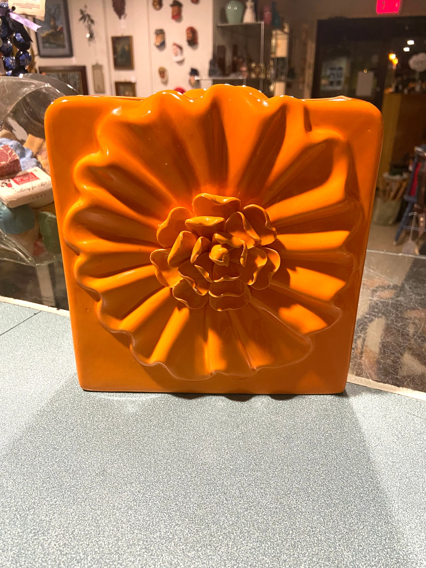 Orange Ceramic Vase with 3D Flower