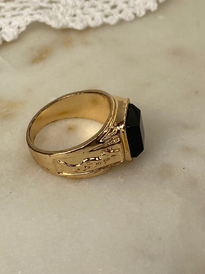 Men’s Black and Gold-Tone Ring with Double Dragon Embossed Band
