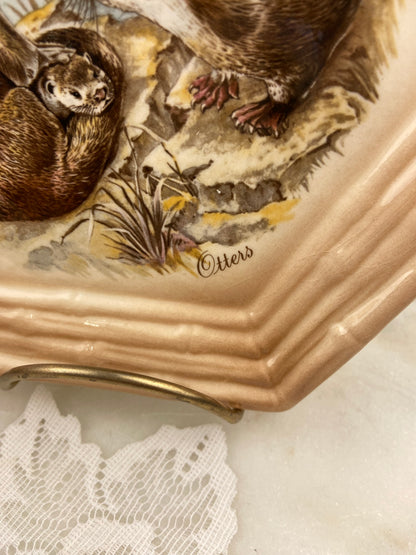 Hexagonal Ceramic Decorative Plate with Family of Otters