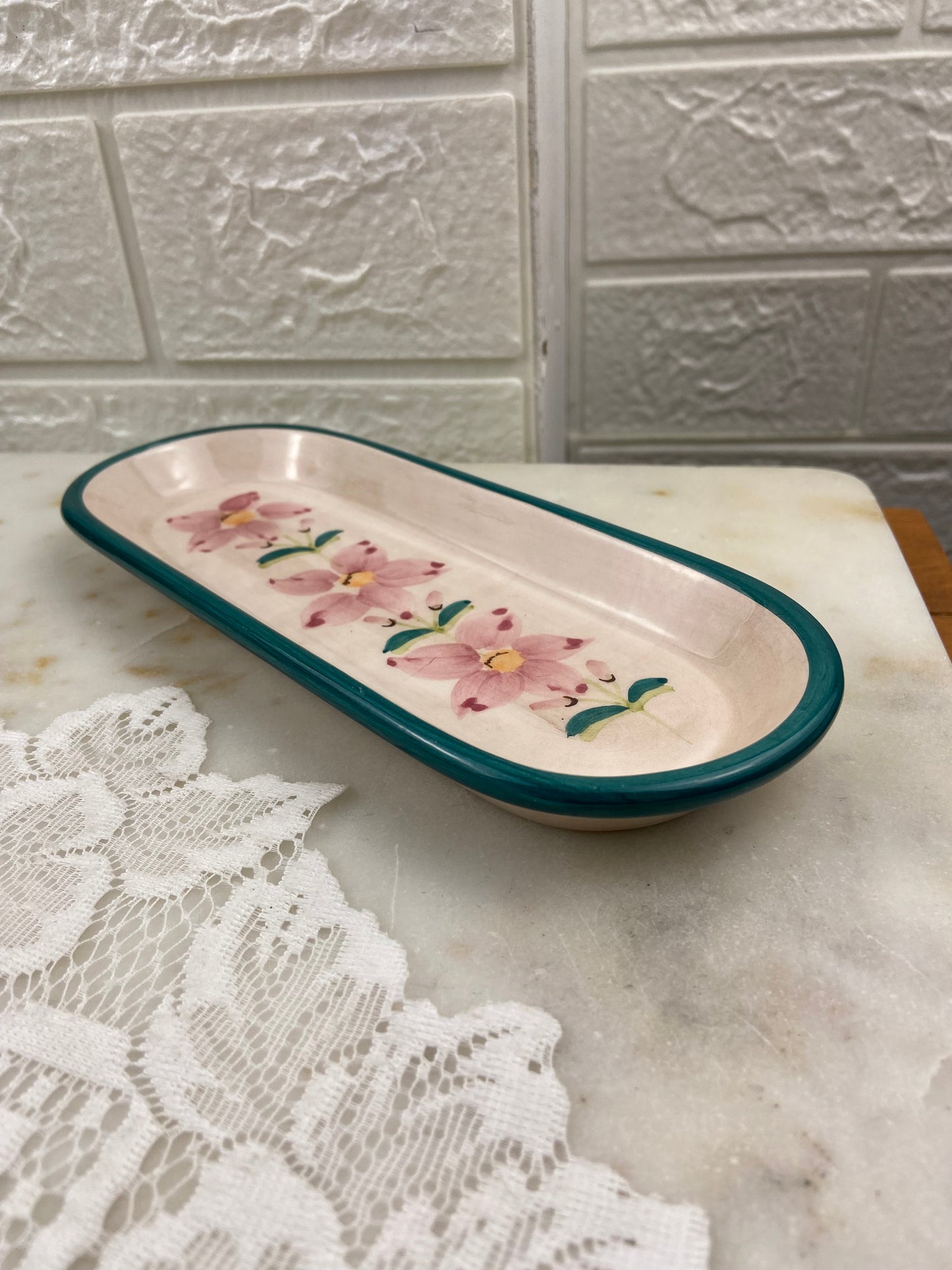 8.25” Oval Trinket Dish by Partylite with Green and Pink Floral Design