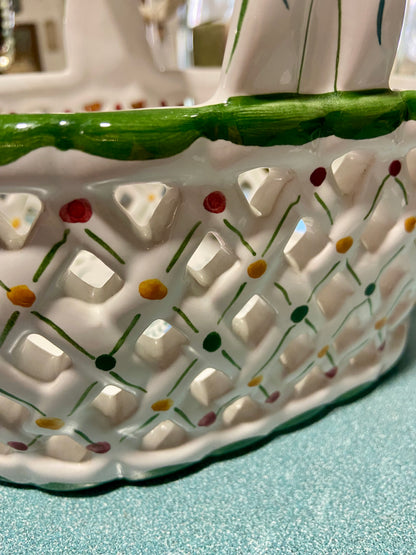 Ceramic Hand Painted Floral Lattice Basket with Twisted Handle