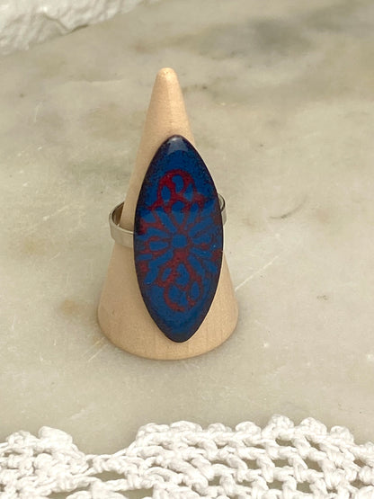 Silver Tone Adjustable Metal & Enamel Ring