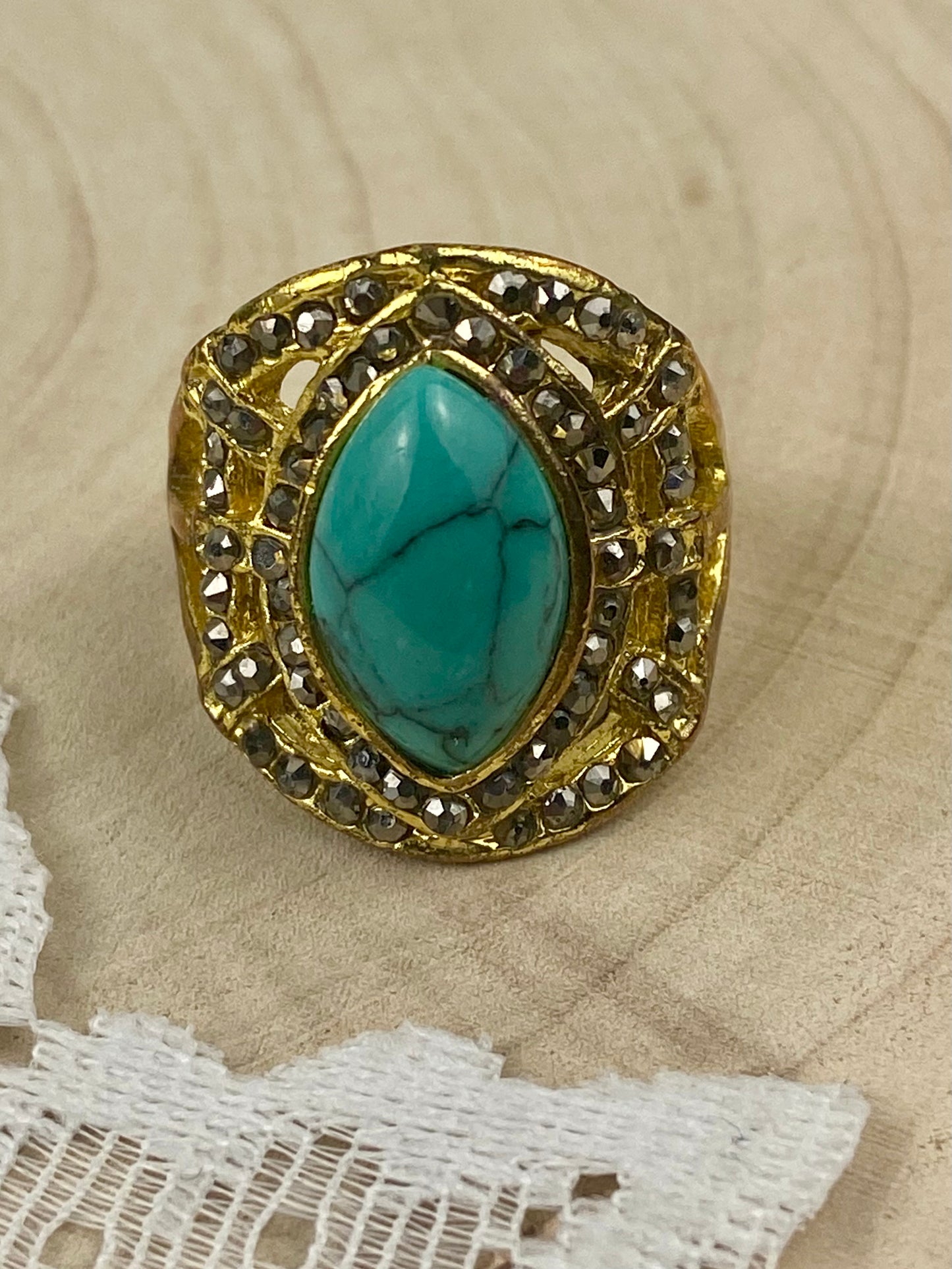 Gold-Tone Ring with Grey Rhinestones and Faux Turquoise [Size 7.25]