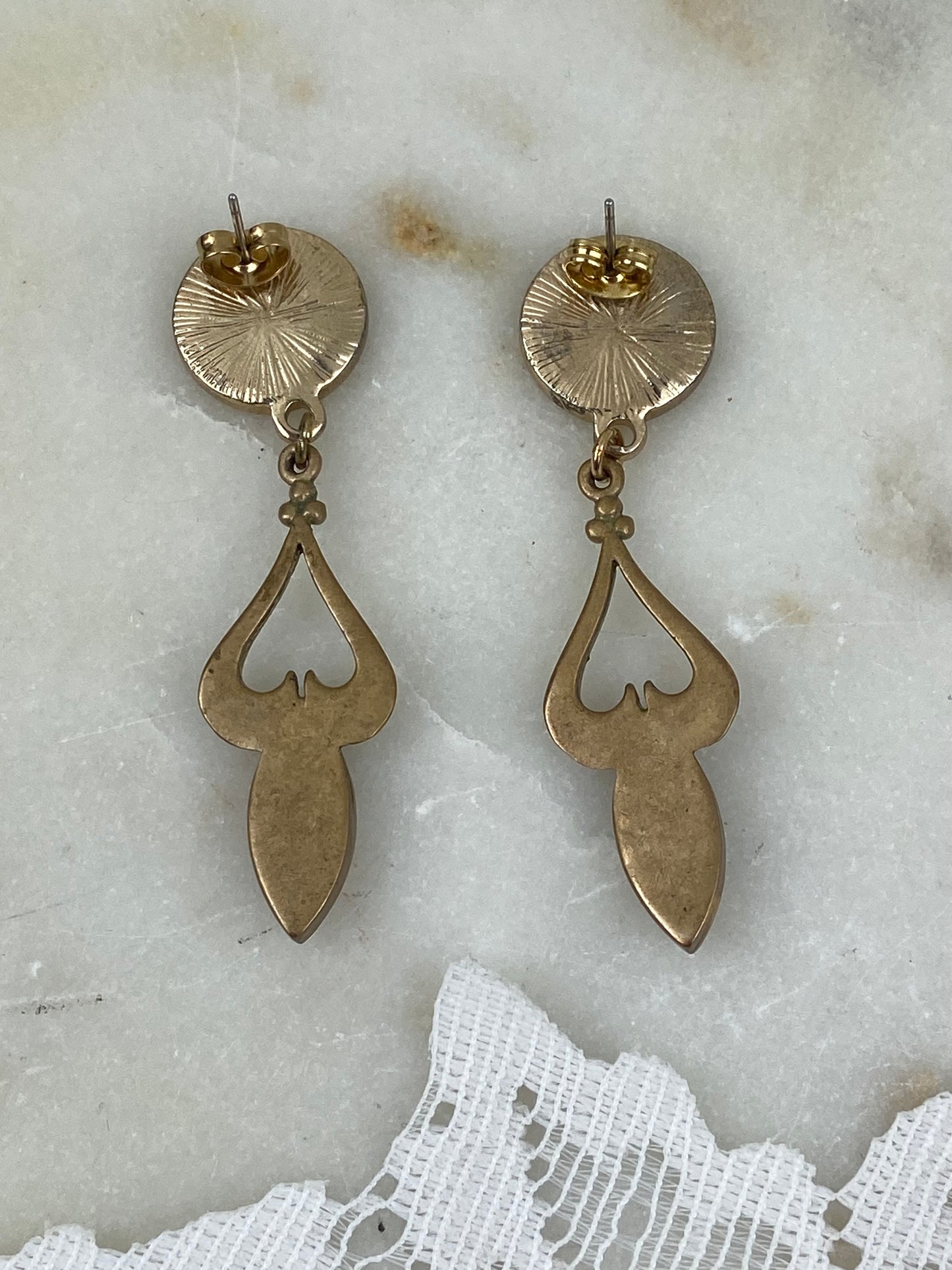 Gold-Tone Sparkly Disk Earrings with Teardrop Mother of Pearl Dangles for Pierced Ears [Posts]