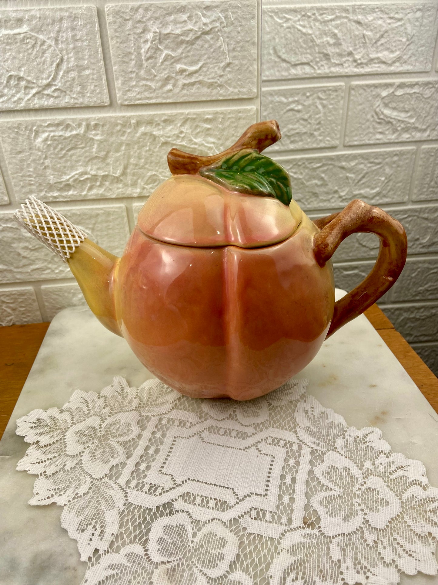 Hand Painted Block Molde Peach Teapot by Barbara Eigen