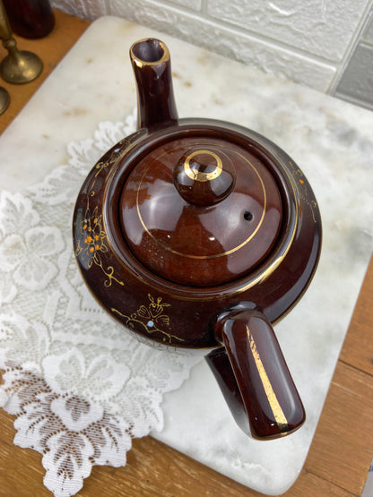 Japanese Redware | Small Brown Teapot with Hand Painted Enamel & Gold-Tone Design