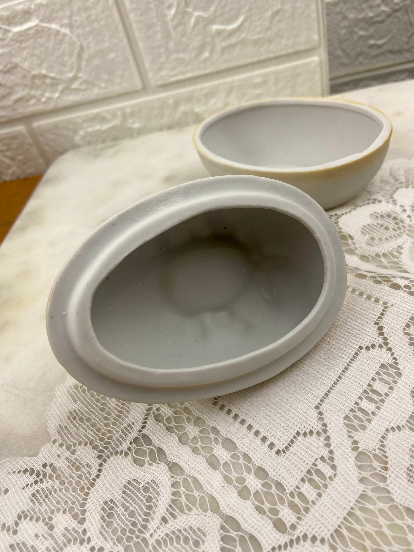 Bisque Porcelain Egg-Shaped Trinket Box with Blue Bird