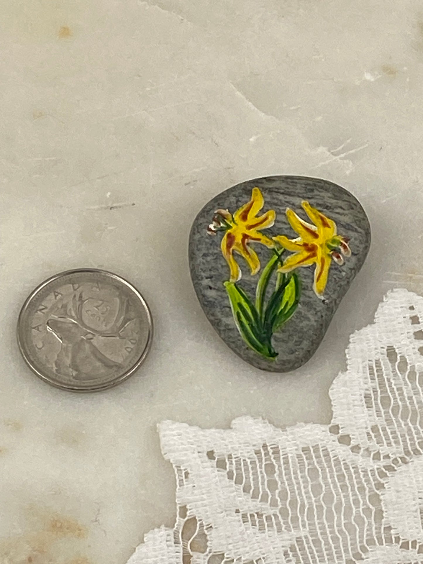 Hand Painted Artisan Brooch with Trout/Glacier Lillies by Derevy Studio